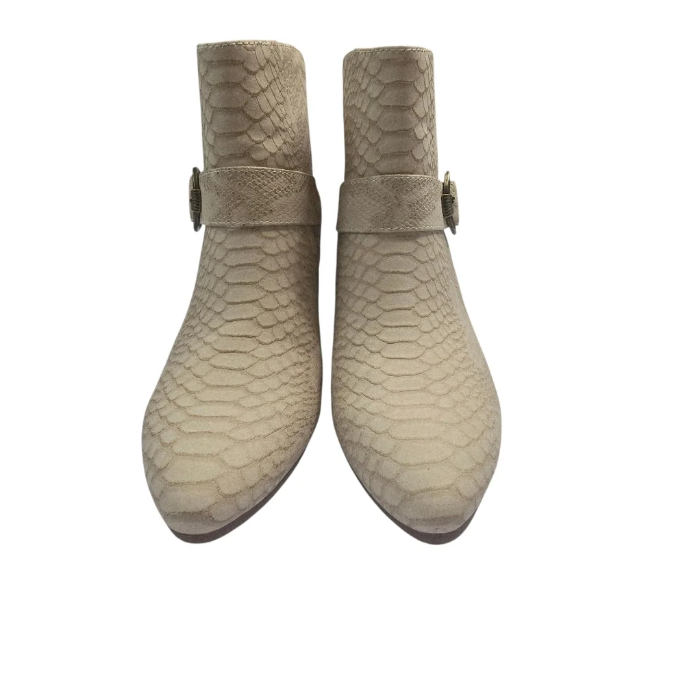 Beige snake-patterned Baretraps Lucia booties feature a stacked heel